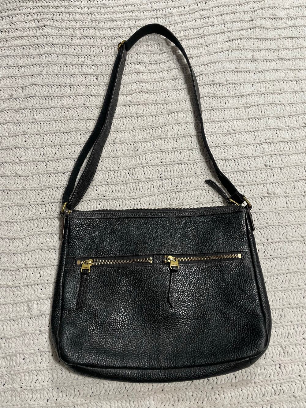 Fossil Elise Handbag Shoulder Bag Purse Pebbled Leather Adjustable Strap Black